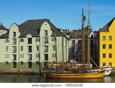 Hotels and yachts in the center of norwegian town Alesund.