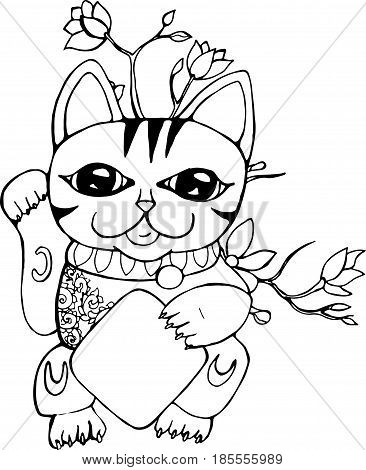 Lucky maneki neko cat. Traditional japanese symbol. Graphic illustration. Place for text.