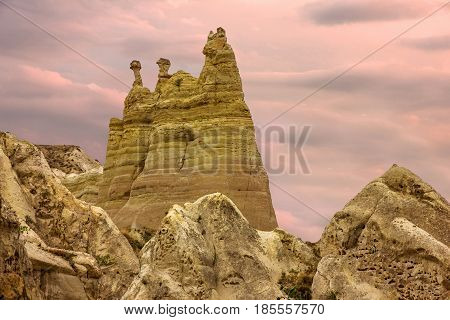 Volcanic rock mountain landscape view, Cappadocia, Turkey.