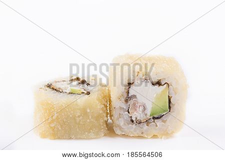 Fried Sushi Roll With Eel, Cream Cheese, Avocado. Japanese Food. Hot Roll With A Crisp Crusty On A W