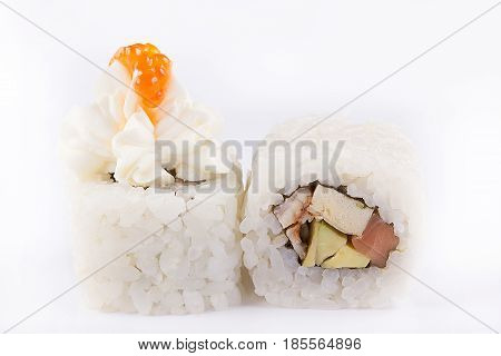 Japanese Cuisine, Sushi Set: Roll With Salmon, Eel, Cream Cheese, Avocado, Japanese Omelette And Sal