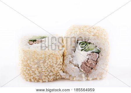 Japanese Cuisine, Sushi Set: Roll With Veal, Cream Cheese, Cucumber, Green Onion And Sesame On A Whi