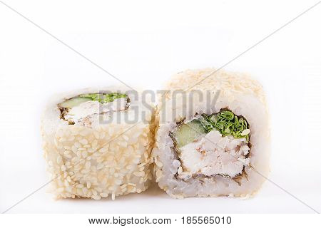 Japanese Cuisine, Sushi Set: Roll With Smoked Breast, Cream Cheese, Cucumber, Chinese Salad, Sesame
