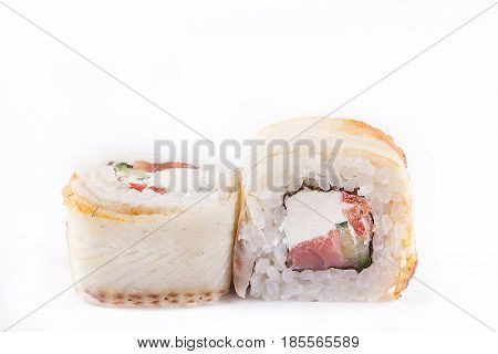 Japanese Cuisine, Sushi Set: Roll With Eel, Smoked Salmon, Cream Cheese, Cucumber, Paprika, Teriyaki