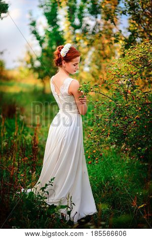Young Beautiful Blonde Woman In Blooming Garden. Bride.
