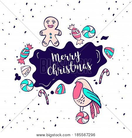 Vector christmas lettering greeting with candy cane and gingerbread man and litlle bird. Illustration of new year holiday card.