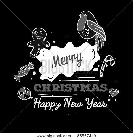 Vector christmas lettering greeting with candy cane and gingerbread man and litlle bird. Illustration of new year holiday card.