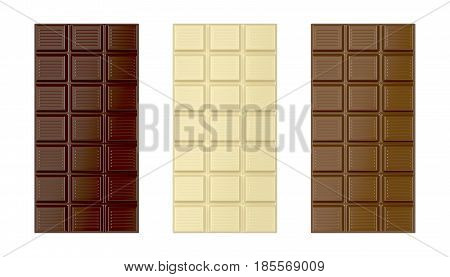 White brown and dark chocolate bars isolated on white background, 3D illustration