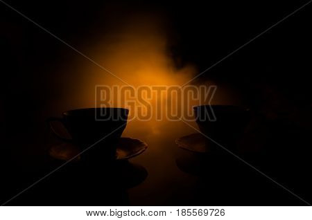 Food Background Tea And Coffee Theme. Old Vintage Ceramic Tea Or Coffee Pot With Cups Jug And Sugar