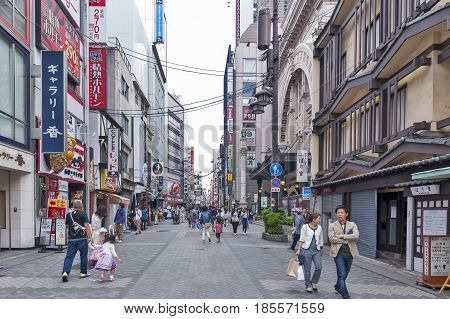Osaka, Japan - April 2016:  Tourist Popular Shopping Scene In Osaka City At Dotonbori Namba Area Wit