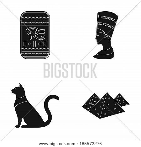 Eye of Horus, black Egyptian cat, pyramids, head of Nefertiti.Ancient Egypt set collection icons in black style vector symbol stock illustration .