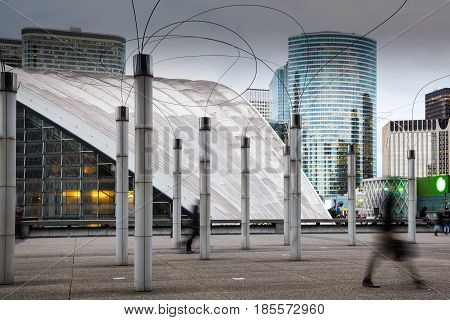 France Paris. March 20 2017: La Defense financial district in Paris. The end of working day.