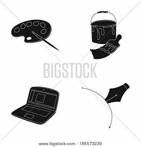A palette with a brush, a bucket with a paint brush, a computer, a tool, a pen.Artist and drawing set collection icons in black style vector symbol stock illustration .