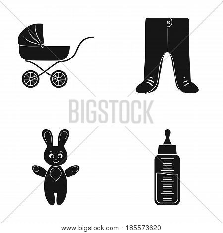 Stroller, bottle with a pacifier, toy, sliders.Baby born set collection icons in black style vector symbol stock illustration .