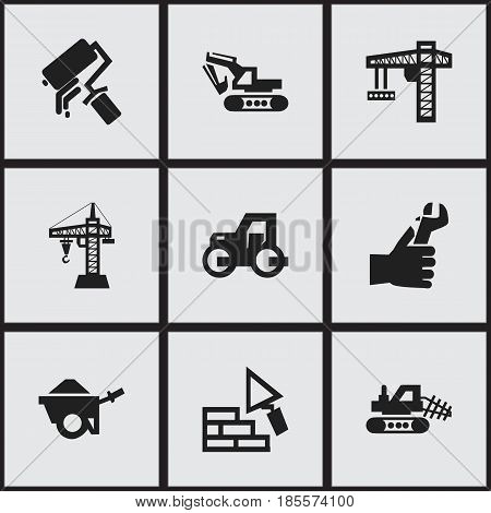 Set Of 9 Editable Construction Icons. Includes Symbols Such As Trolley, Excavation Machine, Lifting Equipment And More. Can Be Used For Web, Mobile, UI And Infographic Design.