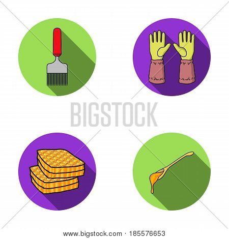 A spoon of honey, protective gloves, a barrel of honey, a fork.Apiary set collection icons in flat style vector symbol stock illustration .