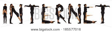 Black dressed people forming word INTERNET on white background