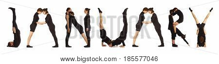 Black dressed people forming word JANUARY on white background