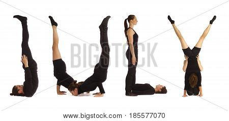Black dressed people forming word JULY on white background
