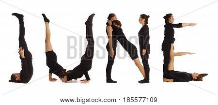 Black dressed people forming word JUNE on white background