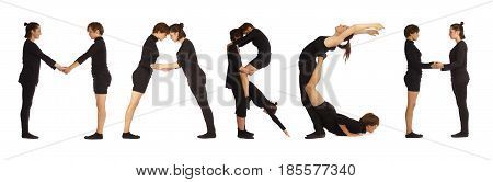Black dressed people forming word MARCH on white background