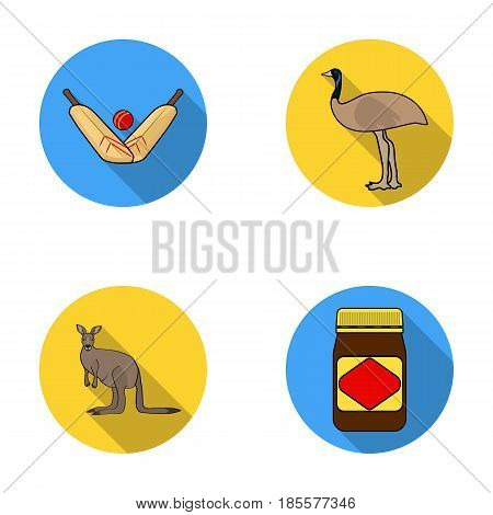 A game of cricket, an emu ostrich, a kangaroo, a popular food.Australia set collection icons in flat style vector symbol stock illustration .