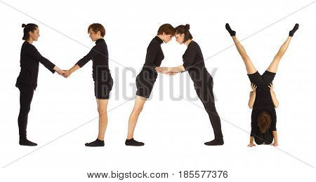 Black dressed people forming word MAY on white background