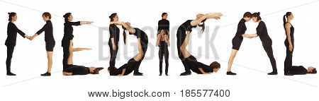 Black dressed people forming word MEDICAL on white background