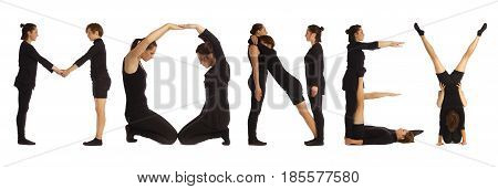 Black dressed people forming word MONEY on white background