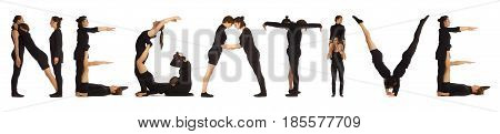 Black dressed people forming word NEGATIVE on white background
