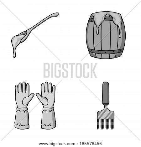 A spoon of honey, protective gloves, a barrel of honey, a fork.Apiary set collection icons in monochrome style vector symbol stock illustration .