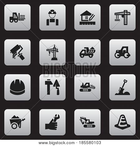 Set Of 16 Editable Construction Icons. Includes Symbols Such As Elevator, Scrub, Lifting Equipment And More. Can Be Used For Web, Mobile, UI And Infographic Design.