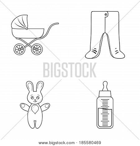Stroller, bottle with a pacifier, toy, sliders.Baby born set collection icons in outline style vector symbol stock illustration .