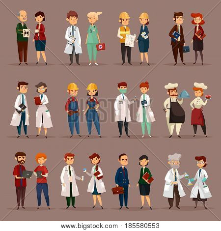 Man and woman workers for many professions. Doctor psychologist and nurse, builder and engineers, accountant and financial employee, radiologist and dentist, chef and chemist. Job and staff theme