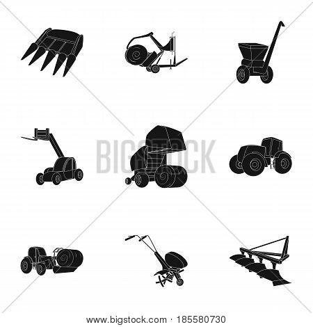 Set of pictures about agricultural machinery. Cars to robots to the ground.Agricultural Machinery icon in set collection on black style vector symbol stock web illustration.