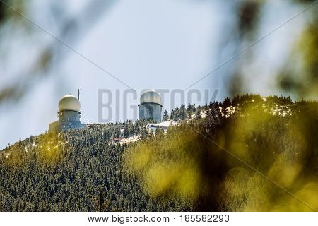 Spring Day snow on the slopes of Grosser Arber Bavaria Germany. Summit of Grosser Arber in Bayerischer Wald in Germany