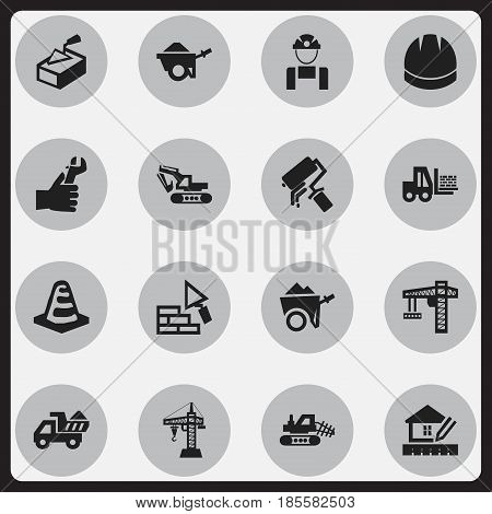 Set Of 16 Editable Construction Icons. Includes Symbols Such As Elevator, Employee, Trolley And More. Can Be Used For Web, Mobile, UI And Infographic Design.