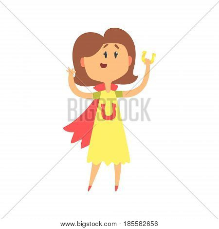 Cute cartoon woman standing and holding horeshoe. Colorful character vector Illustration isolated on a white background
