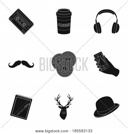 A set of icons about the style of a hipster. A peculiar youth style. Hipster style icon in set collection on black style vector symbol stock web illustration.