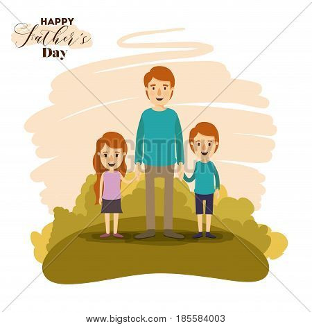 colorful card of landscape with dad and daugther and son holding hands on the fathers day vector illustration