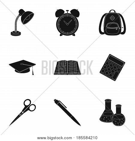 Set of pictures about the school. Study training. Supplies for school.Outfit of the student. School and eduacation icon in set collection on black style vector symbol stock web illustration.