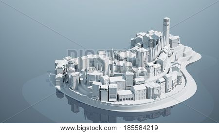 Mini toy Old city down town on small iland, 3d illustration