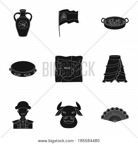 A set of pictures about Spain. Sights of Spain, gypsies, guitar, dances.Spain country icon in set collection on black style vector symbol stock web illustration.