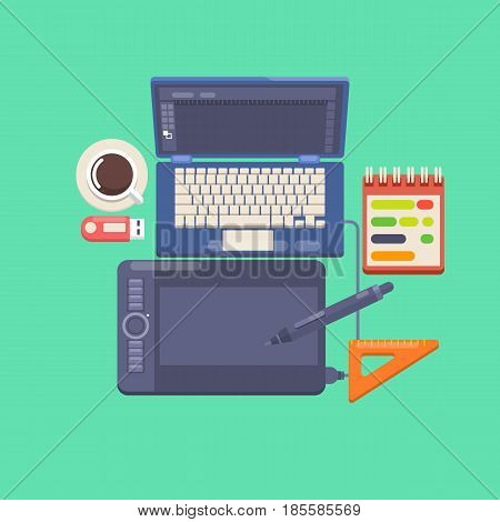 Workplace of a designer Flat design style modern vector illustration icons set