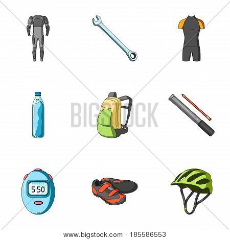 Icons of Cycling, bike. Set for bike, backpack protection, repair, form. Cyclist outfit icon in set collection on cartoon style vector symbol stock web illustration.