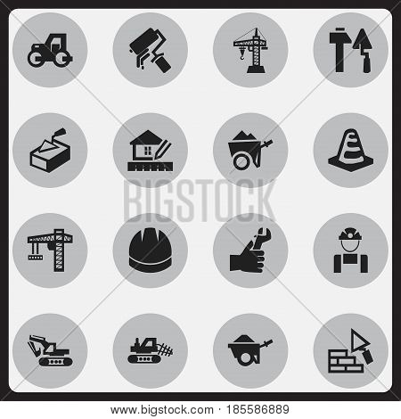 Set Of 16 Editable Building Icons. Includes Symbols Such As Excavation Machine, Hardhat, Notice Object And More. Can Be Used For Web, Mobile, UI And Infographic Design.