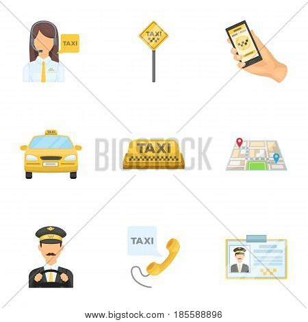 Set of icons about the taxi. A call taxi driver, Parking. Transportation around the city.Taxi icon in set collection on cartoon style vector symbol stock web illustration.