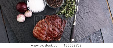 Barbecue Rib Eye Steak On Slate Slab - Dry Aged Wagyu Entrecote Steak