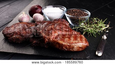 Barbecue Rib Eye Steak On Slate Slab - Dry Aged Wagyu Entrecote Steak