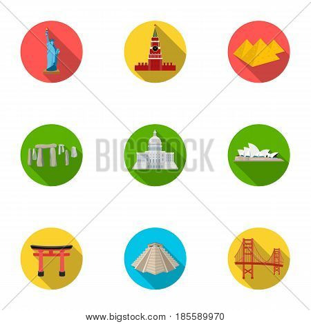 Sights of the countries of the world. Famous buildings and monuments of different countries and cities. Countries icon in set collection on flat style vector symbol stock web illustration.